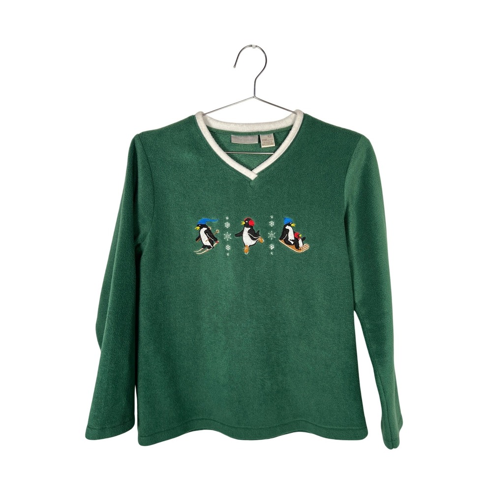 Vintage Penguin Fleece Sweatshirt Green V-Neck Embroidered Winter Holiday Medium
